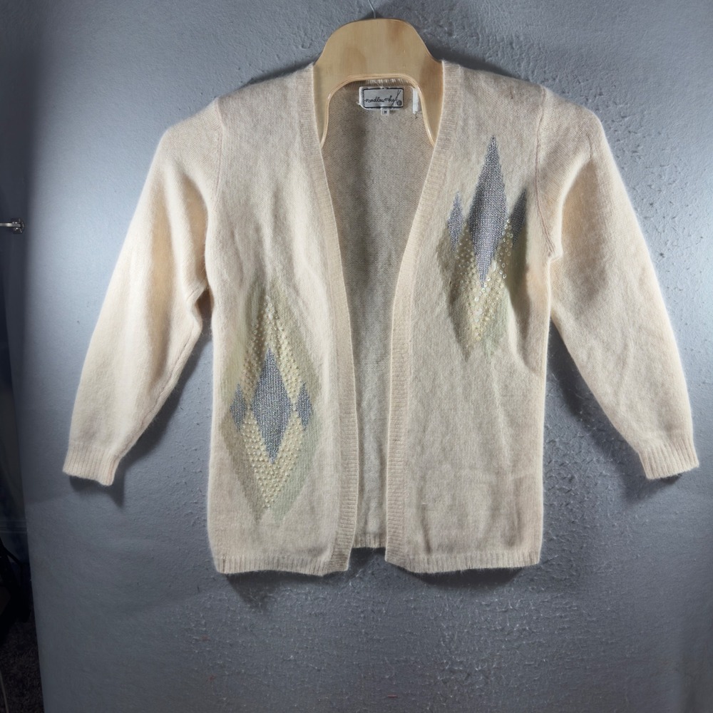 3320 | Vintage 80s Needleworks Angora Lambswool Sequin Cardigan Cream Women M